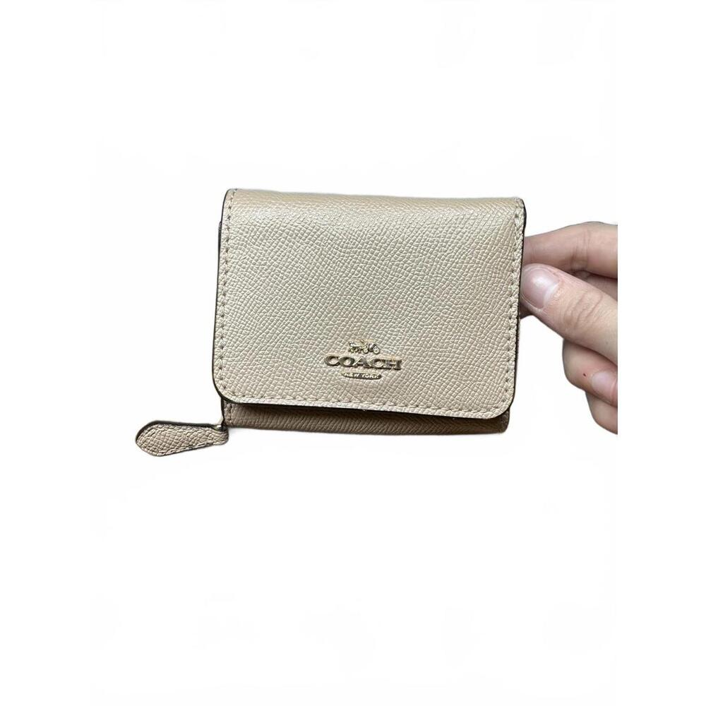 Coach Beige Leather Compact Wallet with Gold Logo